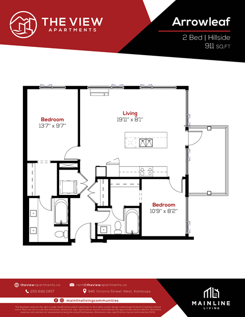 Floor plan for 2 beds, 2 baths, 911 sqft